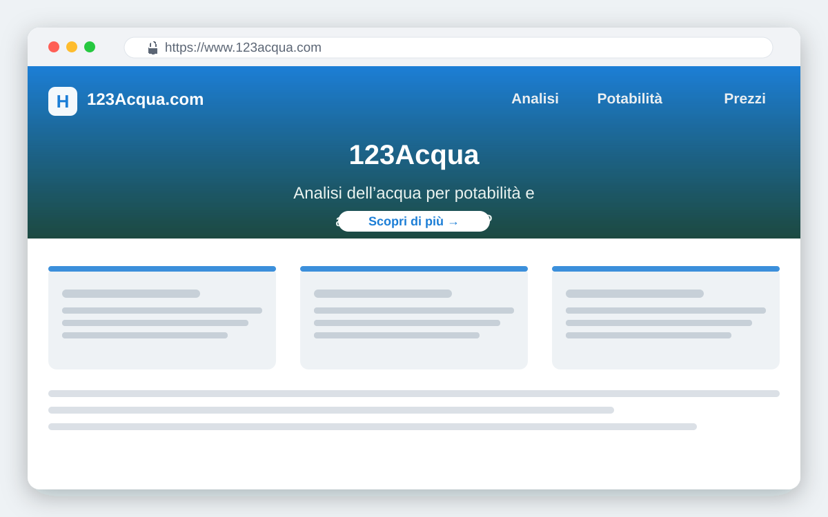 Anteprima del sito 123Acqua.com dedicato alle analisi dell'acqua potabile