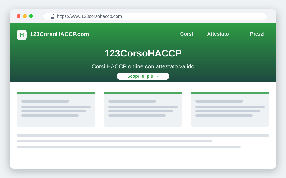 Anteprima del sito 123CorsoHACCP.com per il corso HACCP online