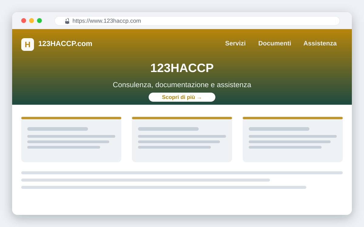 Screenshot del sito 123HACCP.com — consulenza, documentazione e assistenza per le attività alimentari
