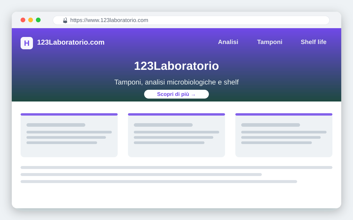Anteprima del sito 123Laboratorio.com dedicato alle analisi microbiologiche di laboratorio