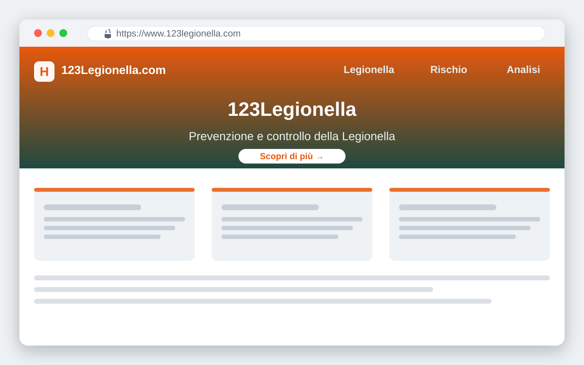 Anteprima del sito 123Legionella.com dedicato alla prevenzione della Legionella