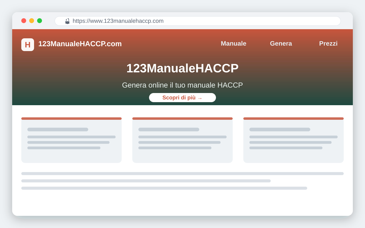 Screenshot del sito 123ManualeHACCP.com — generazione online di manuali HACCP personalizzati