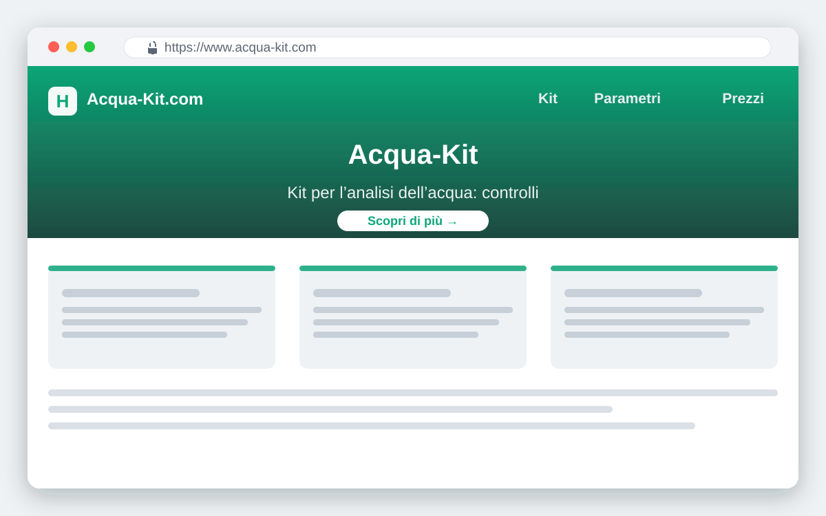 Anteprima del sito Acqua-Kit.com dedicato ai kit per l'analisi dell'acqua