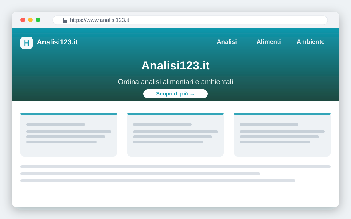 Anteprima del sito Analisi123.it dedicato alle analisi alimentari e ambientali per le aziende