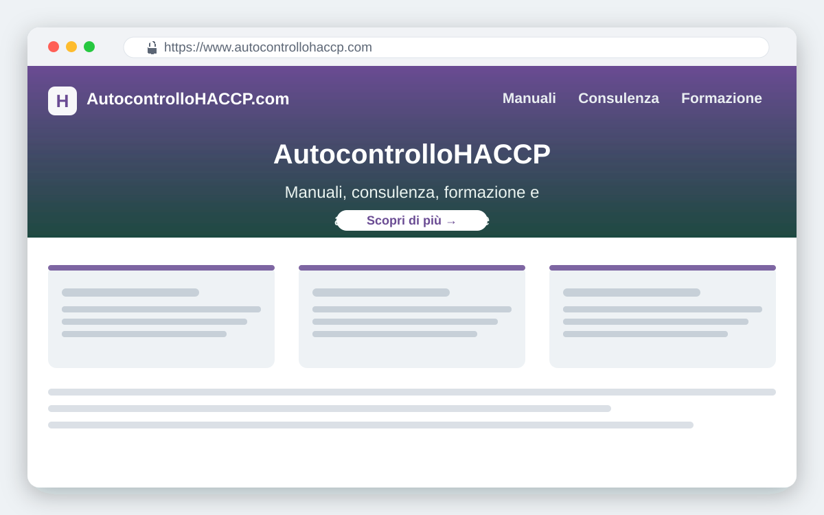 Screenshot del sito AutocontrolloHACCP.com con manuali, consulenza e formazione per le imprese alimentari