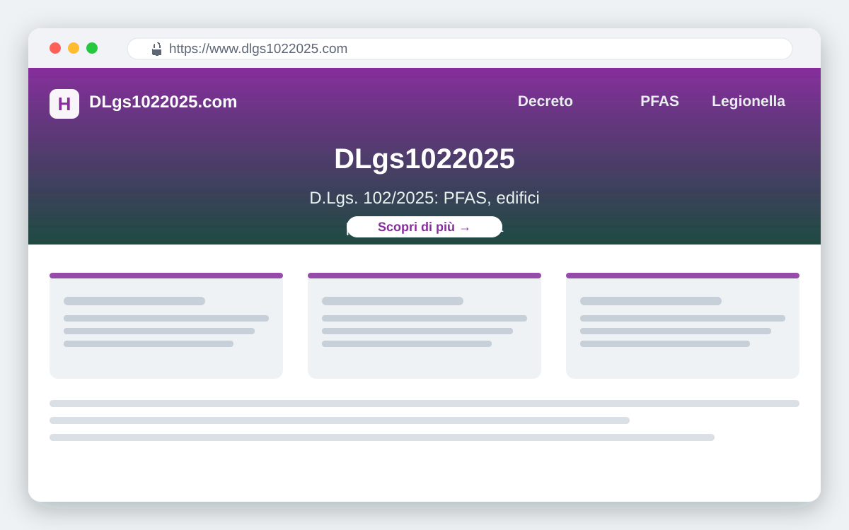 Anteprima del sito DLgs1022025.com dedicato al decreto correttivo sull'acqua potabile
