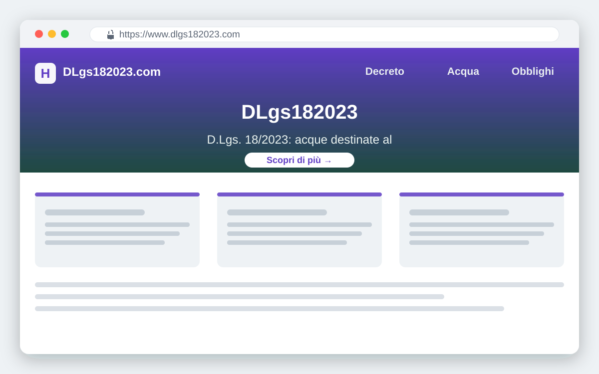 Anteprima del sito DLgs182023.com dedicato al decreto sull'acqua potabile