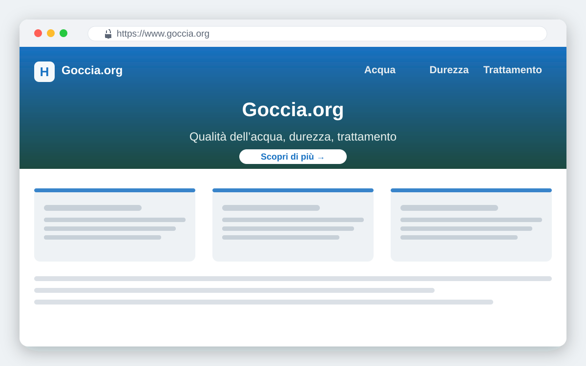 Anteprima del sito Goccia.org dedicato alla qualità e al trattamento dell'acqua