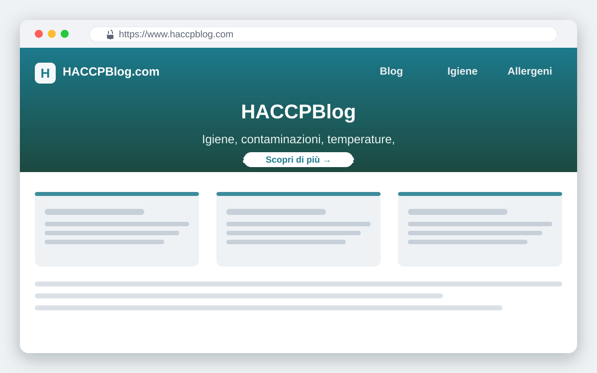 Screenshot del sito HACCPBlog.com — blog su igiene, contaminazioni, temperature, allergeni e procedure alimentari