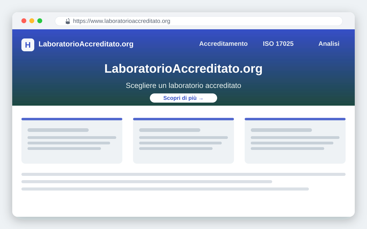 Anteprima del sito LaboratorioAccreditato.org dedicato ai laboratori accreditati ISO 17025