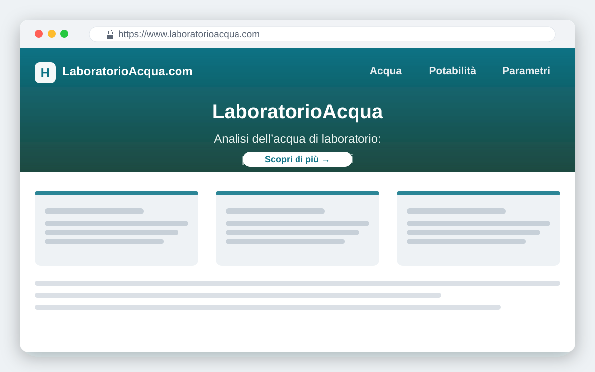 Anteprima del sito LaboratorioAcqua.com dedicato alle analisi dell'acqua in laboratorio