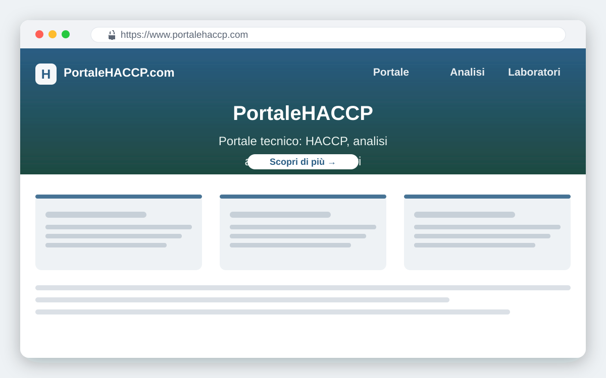 Screenshot del sito PortaleHACCP.com — portale tecnico su HACCP, analisi alimentari e laboratori