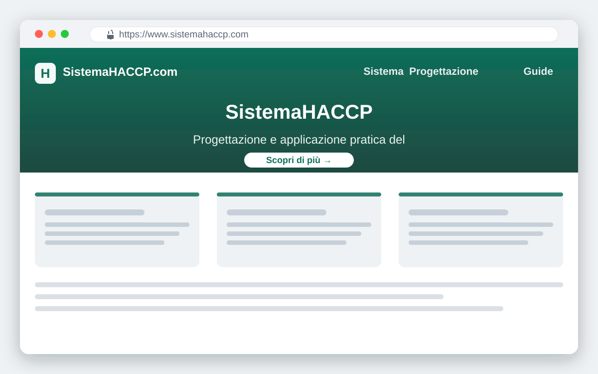 Screenshot del sito SistemaHACCP.com dedicato alla progettazione del sistema HACCP